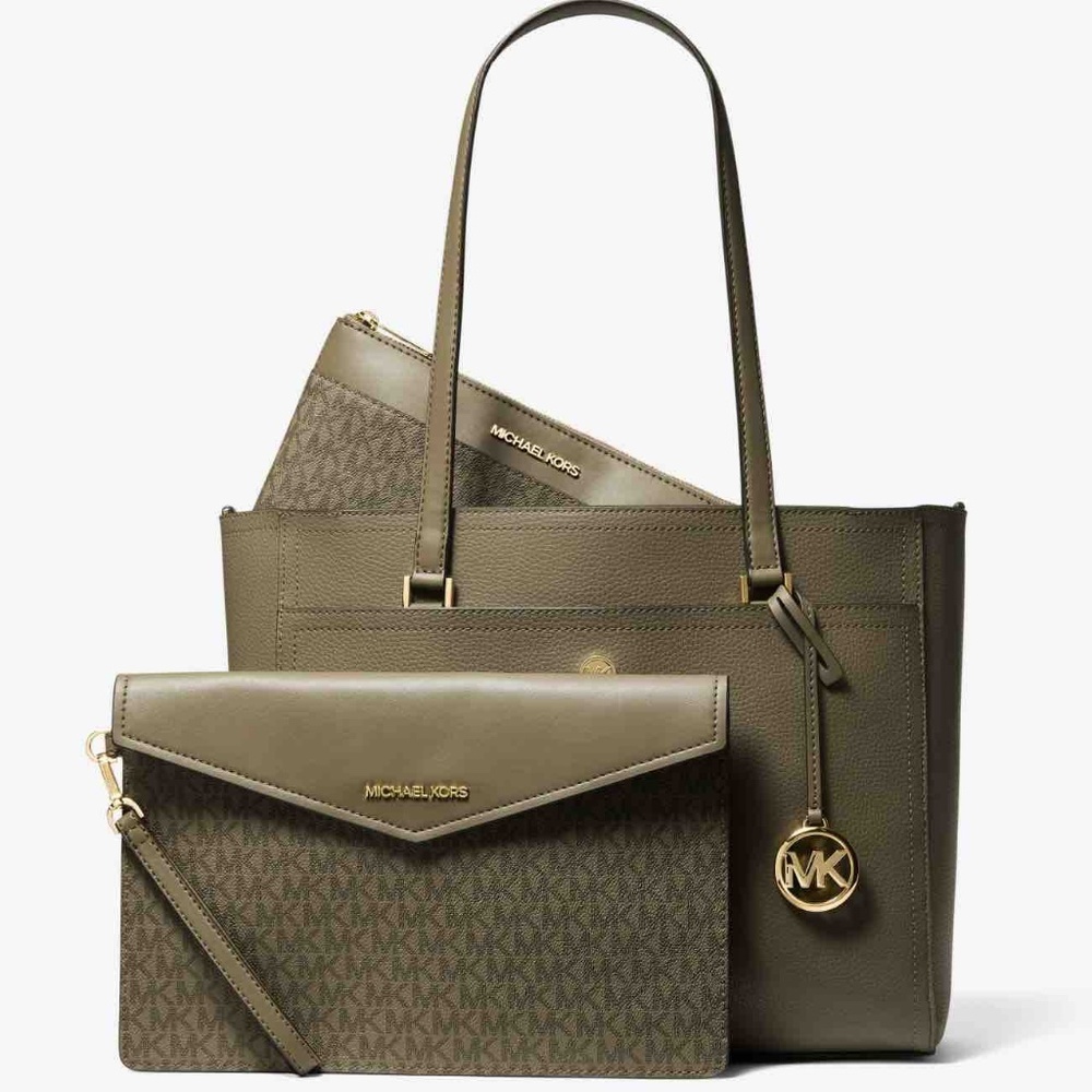 Michael Michael Kors Maisie Large Pebbled Leather 3-In-1 Tote Bag Army Green NEW